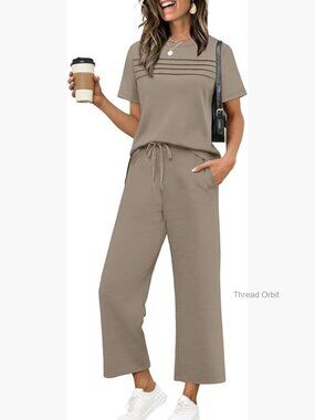 Two Piece Lounge Set Wide Leg Pants Short Sleeve Top S-3XL